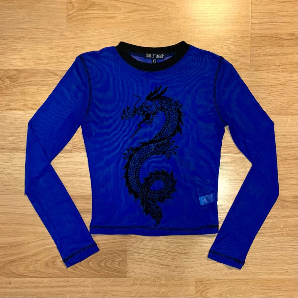 Dolls Kill Current Mood blue dragon mesh long sleeve top size XS